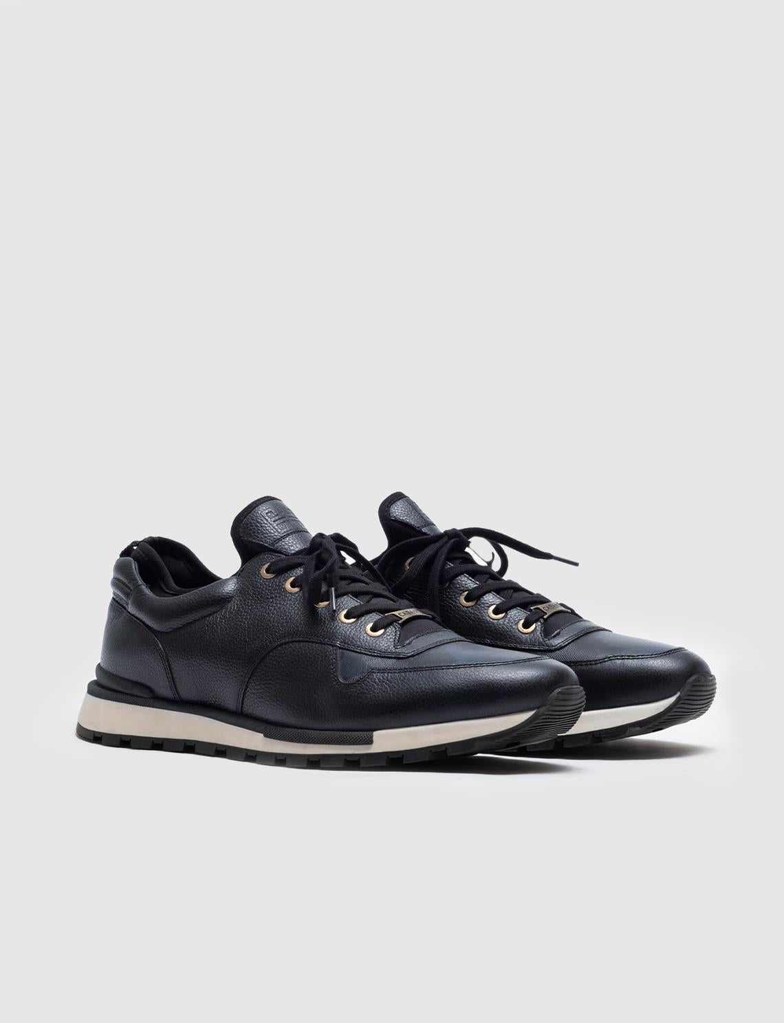 Genuine Leather Navy Blue Lace-up Stretch Detail Men's Athletic Shoes