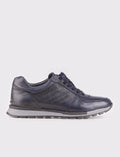 Genuine Leather Navy Blue Lace-up Men's Athletic Shoes with Thermal Sole