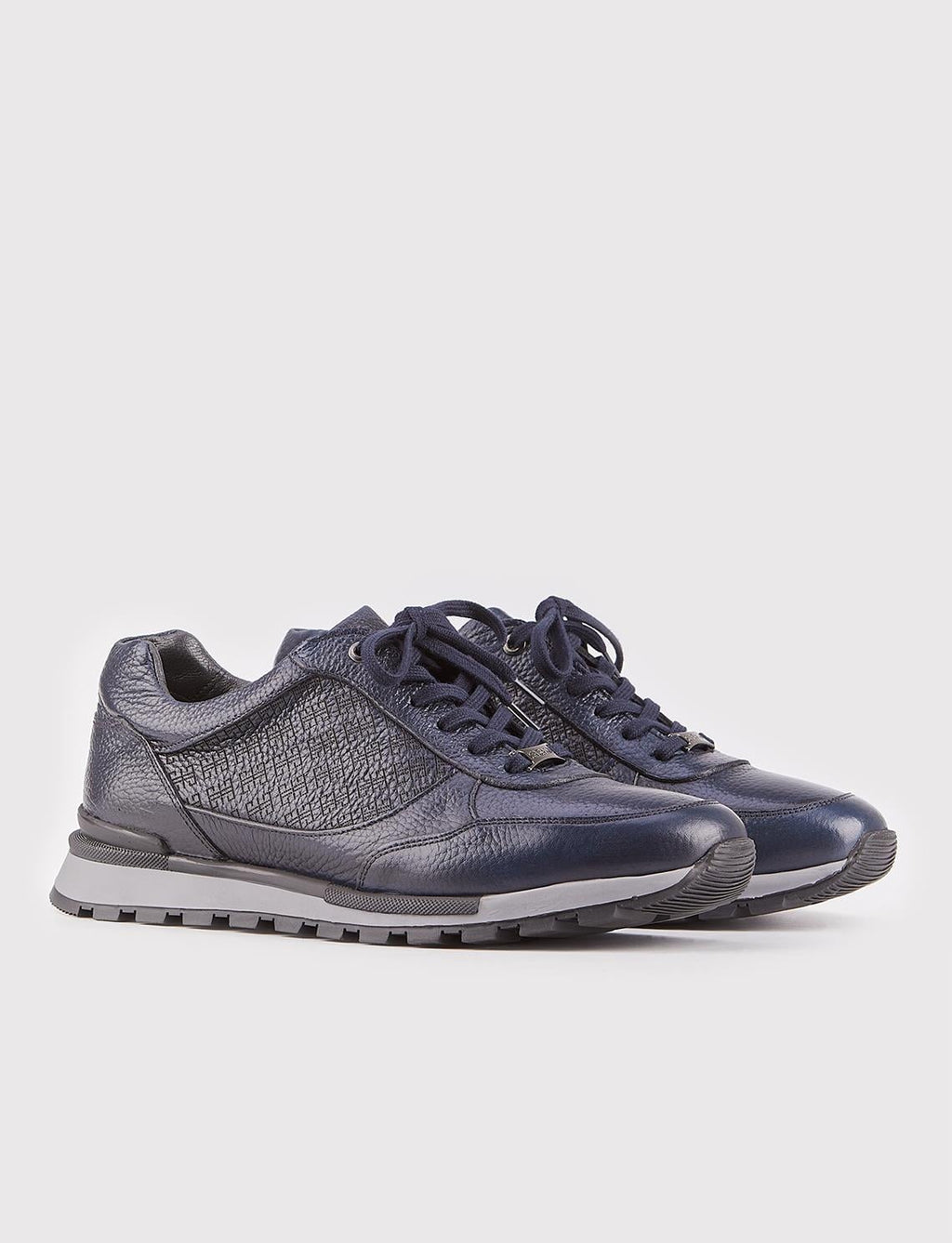 Genuine Leather Navy Blue Lace-up Men's Athletic Shoes with Thermal Sole