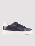 Genuine Leather Navy Blue Lace-up Men's Athletic Shoes with Stitching Detail on the Sides