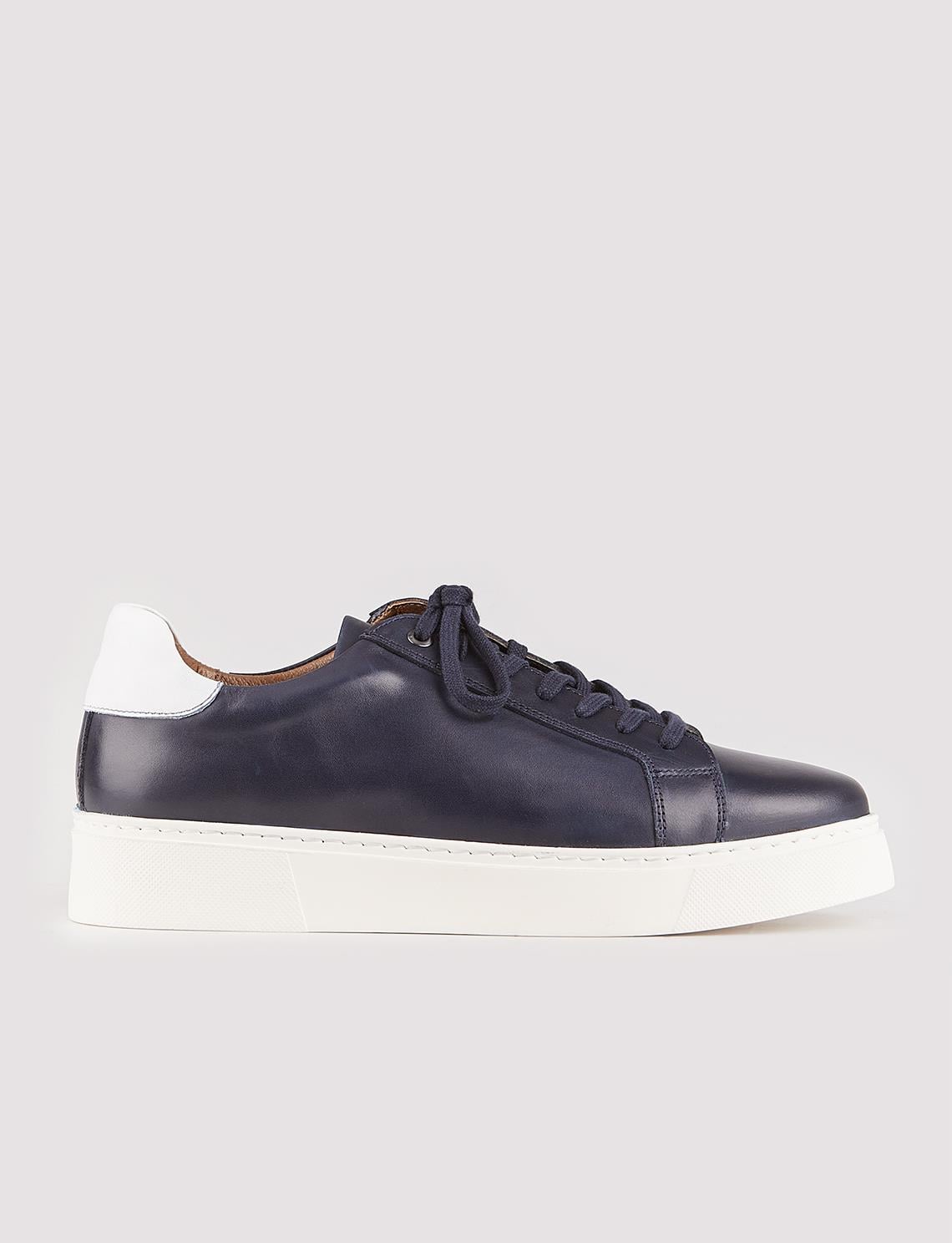 Genuine Leather Navy Blue Lace-up Men's Athletic Shoes with Stitching Detail on the Sides