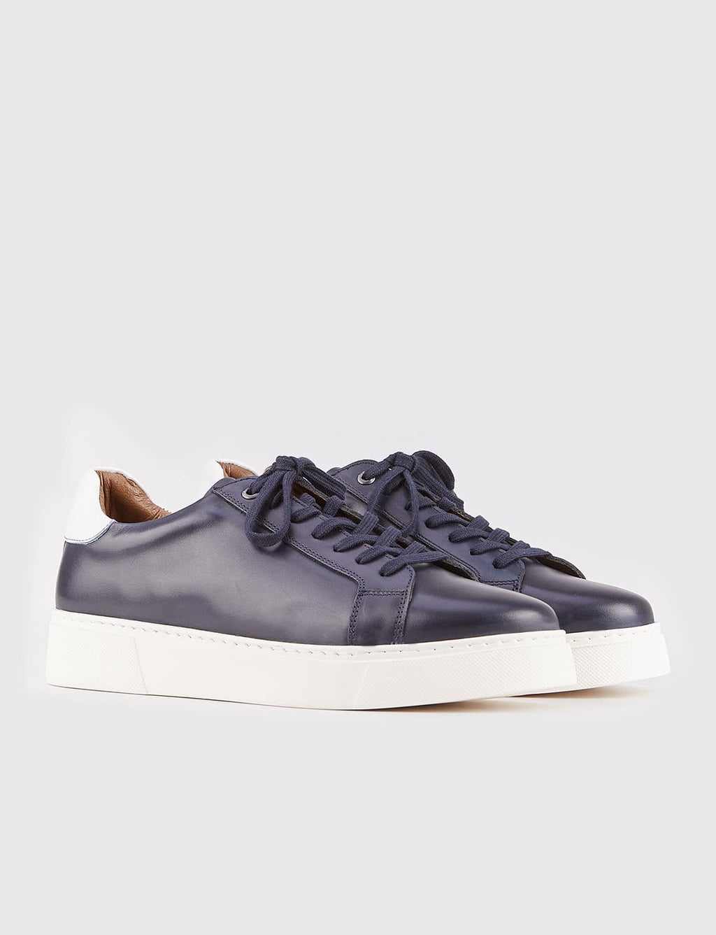 Genuine Leather Navy Blue Lace-up Men's Athletic Shoes with Stitching Detail on the Sides