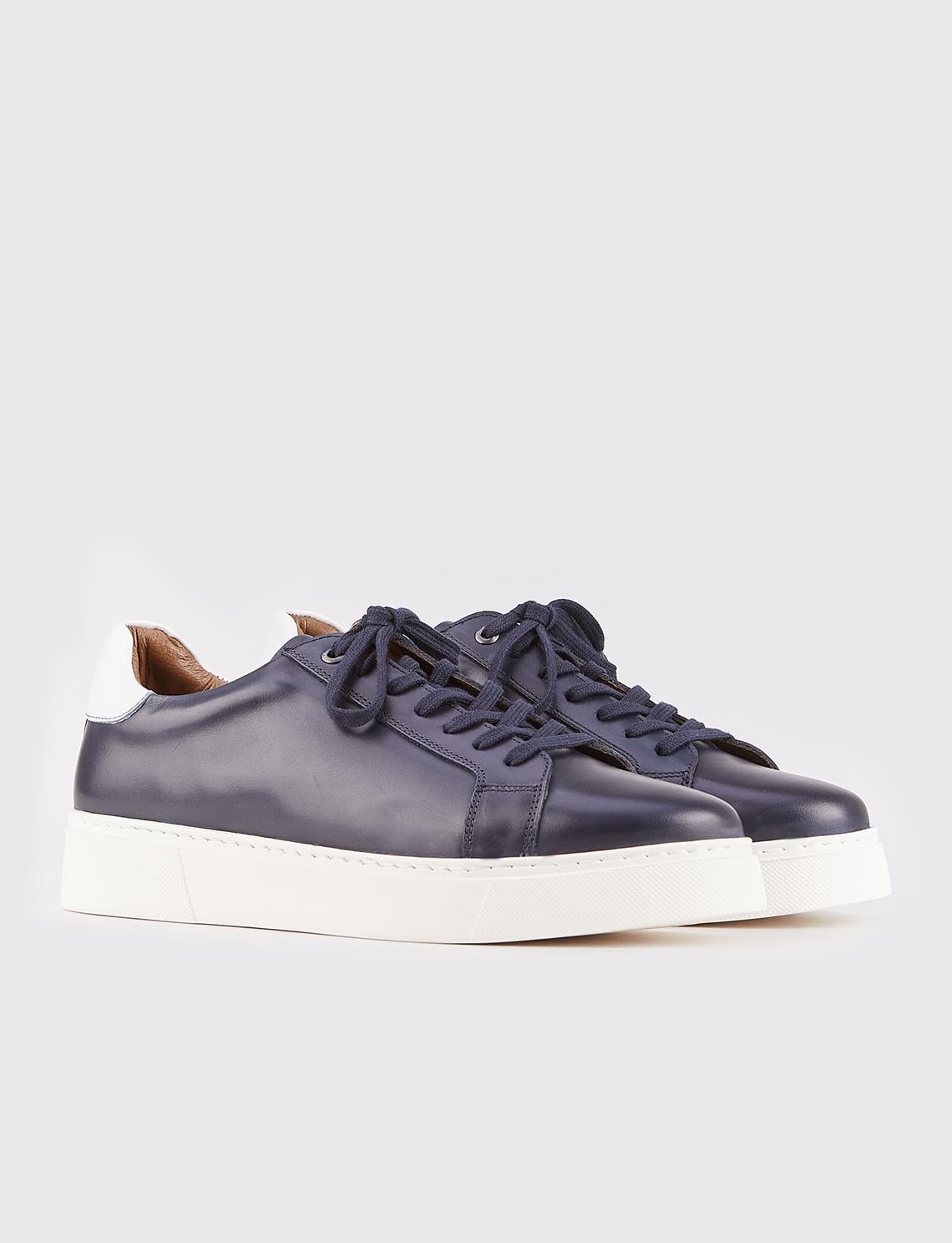 Genuine Leather Navy Blue Lace-up Men's Athletic Shoes with Stitching Detail on the Sides