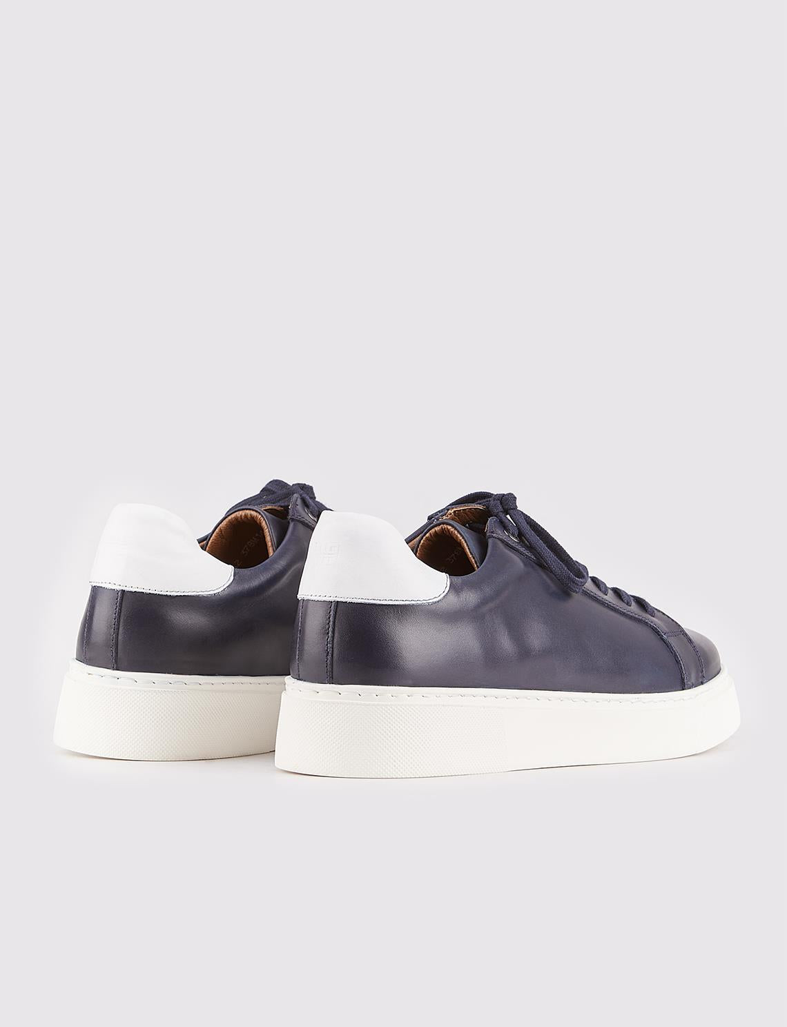 Genuine Leather Navy Blue Lace-up Men's Athletic Shoes with Stitching Detail on the Sides