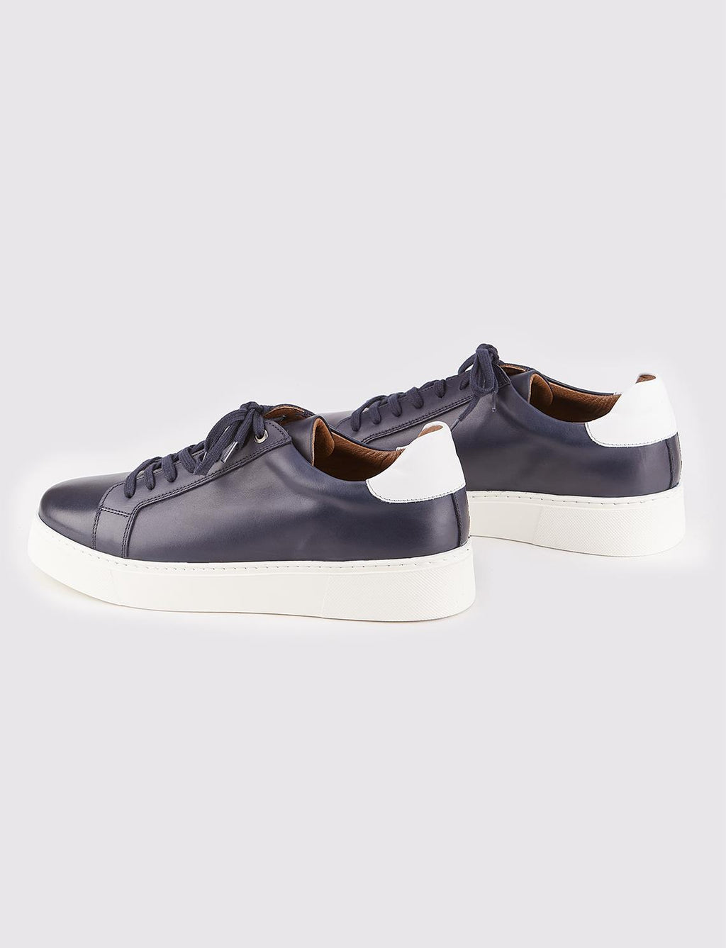 Genuine Leather Navy Blue Lace-up Men's Athletic Shoes with Stitching Detail on the Sides