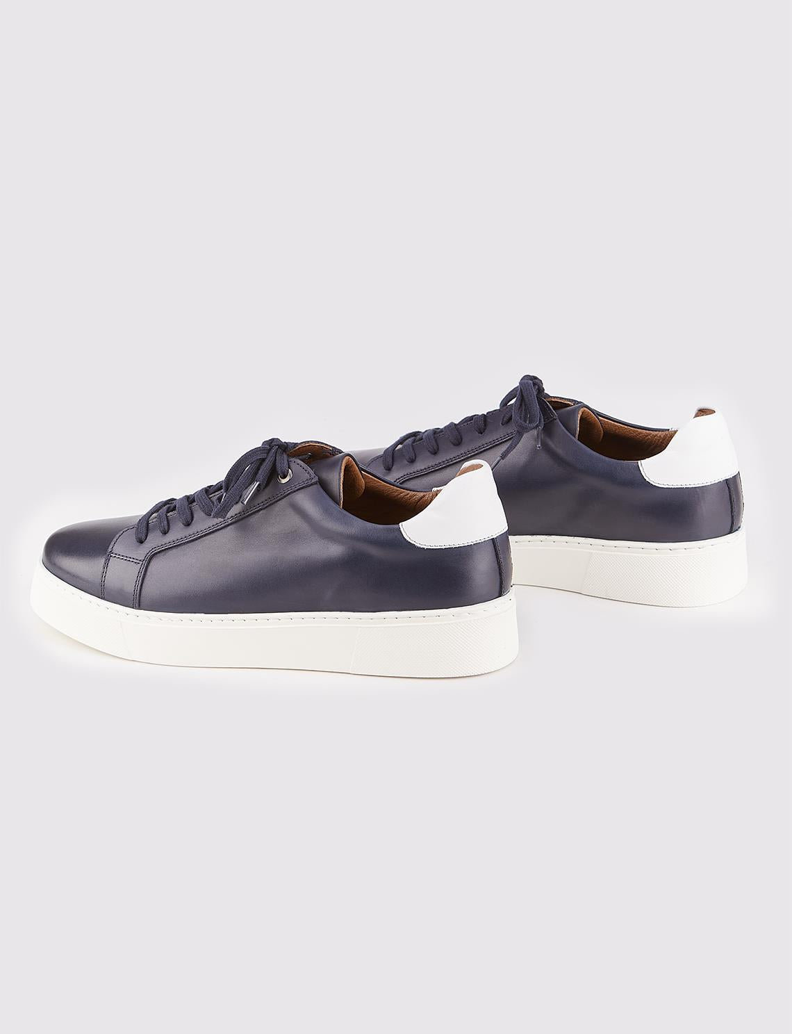 Genuine Leather Navy Blue Lace-up Men's Athletic Shoes with Stitching Detail on the Sides