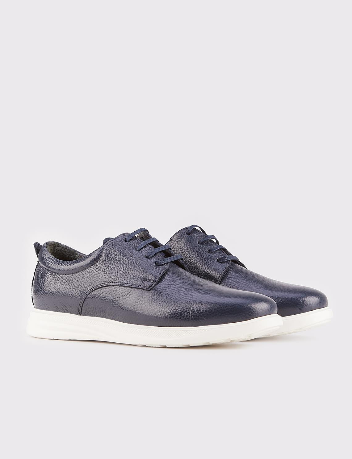 Genuine Leather Navy Blue Extra Lightweight Lace-up Men's Casual Shoes