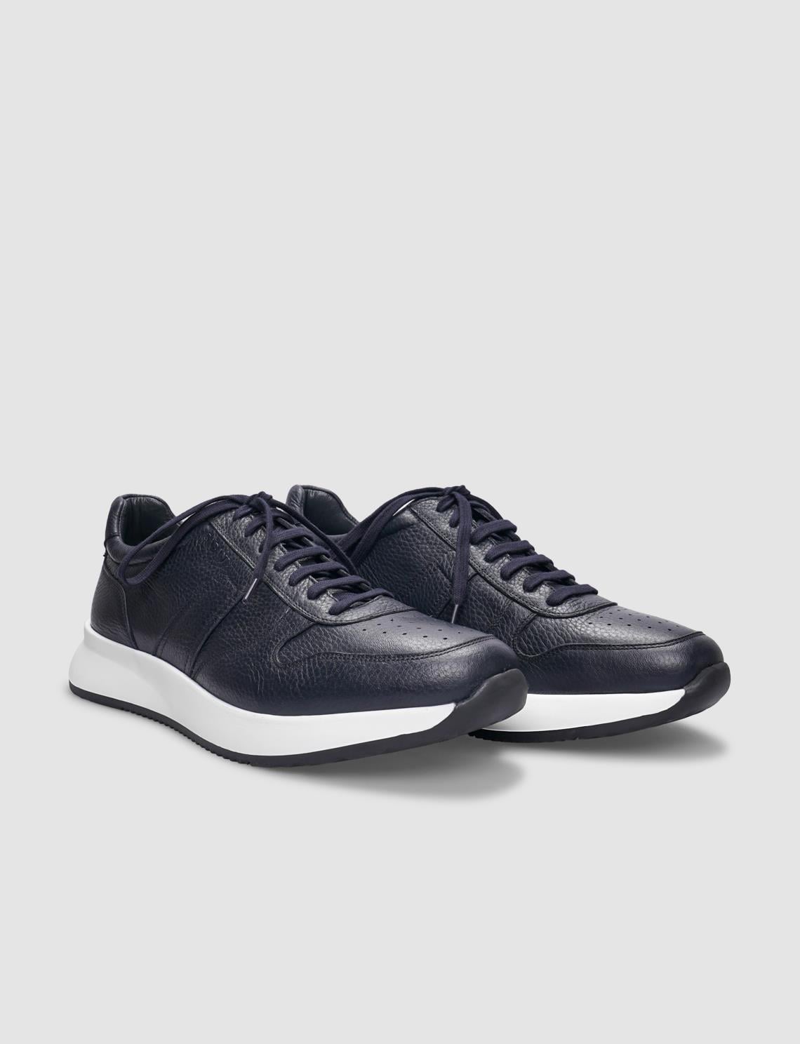 Genuine Leather Navy Blue Lace-up Men's Athletic Shoes