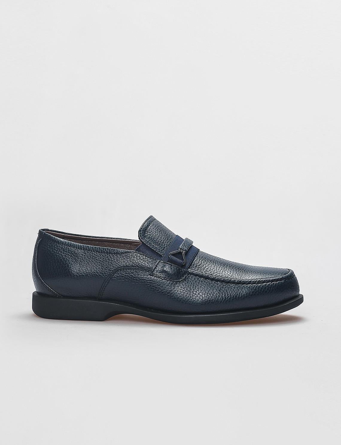 Genuine Leather Navy Blue Men's Loafer Shoes with Buckle Detail