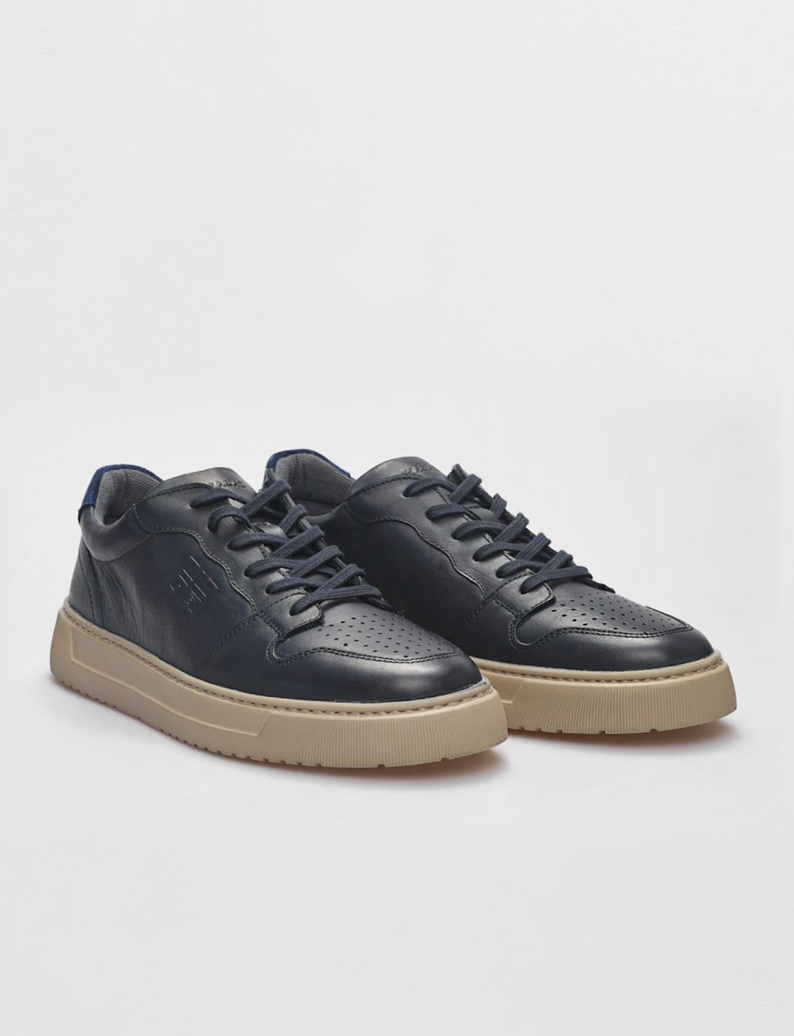 Genuine Leather Navy Blue Lace-up Men's Athletic Shoes