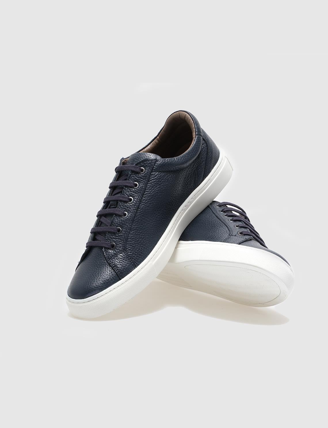 Genuine Leather Navy Blue Lace-up Men's Sneaker