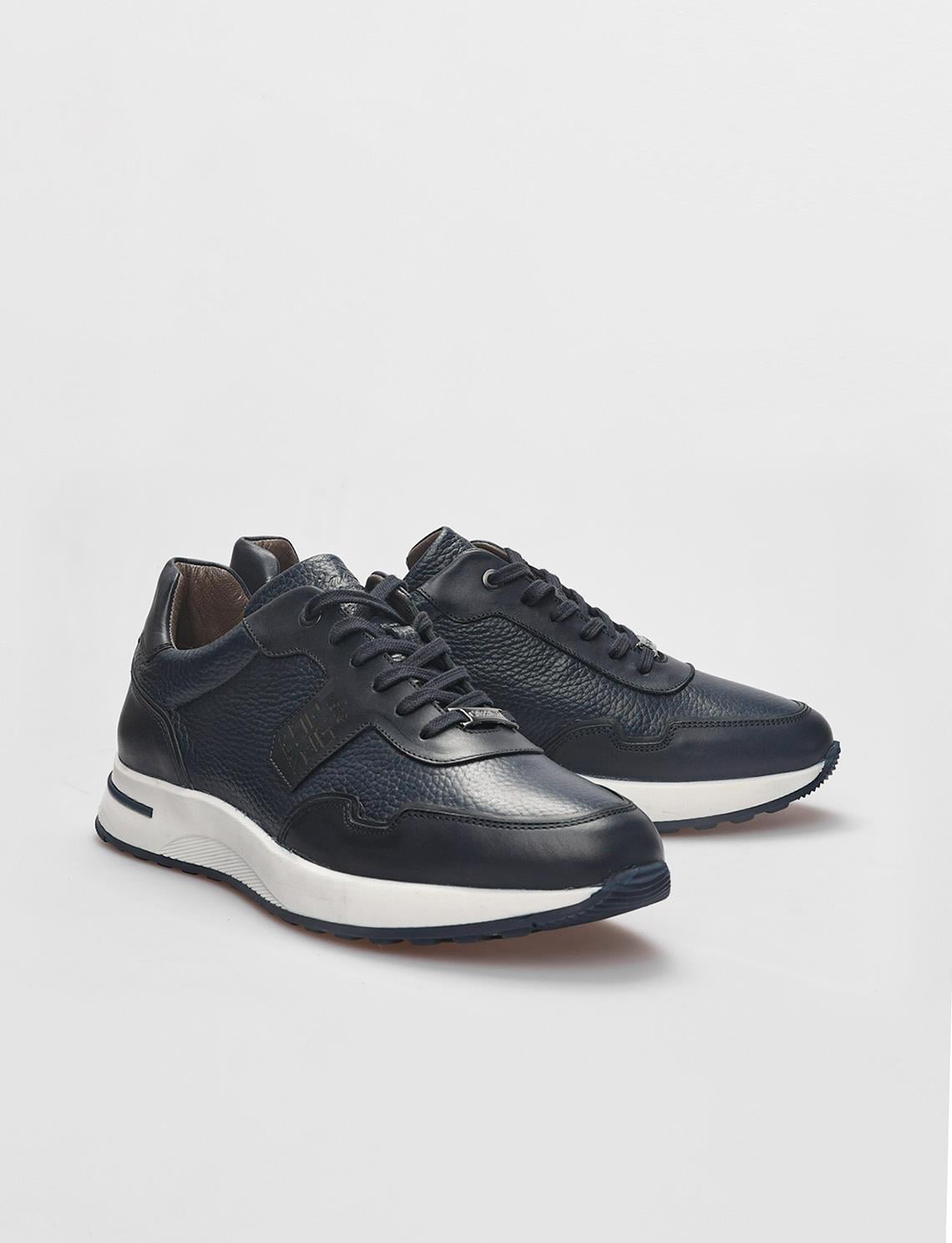 Genuine Leather Navy Blue Lace-up Men's Athletic Shoes