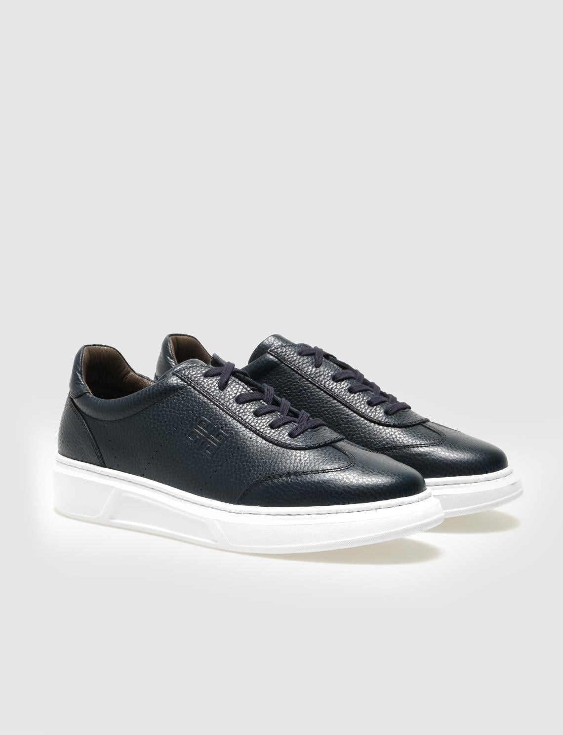 Genuine Leather Navy Blue Lace-up Men's Athletic Shoes