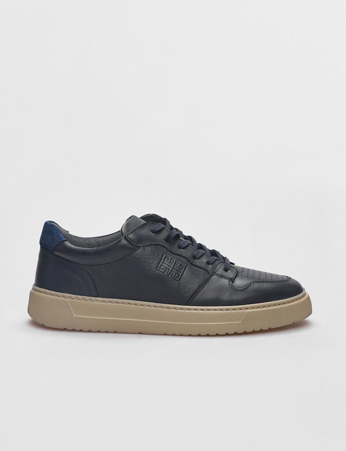 Genuine Leather Navy Blue Lace-up Men's Athletic Shoes