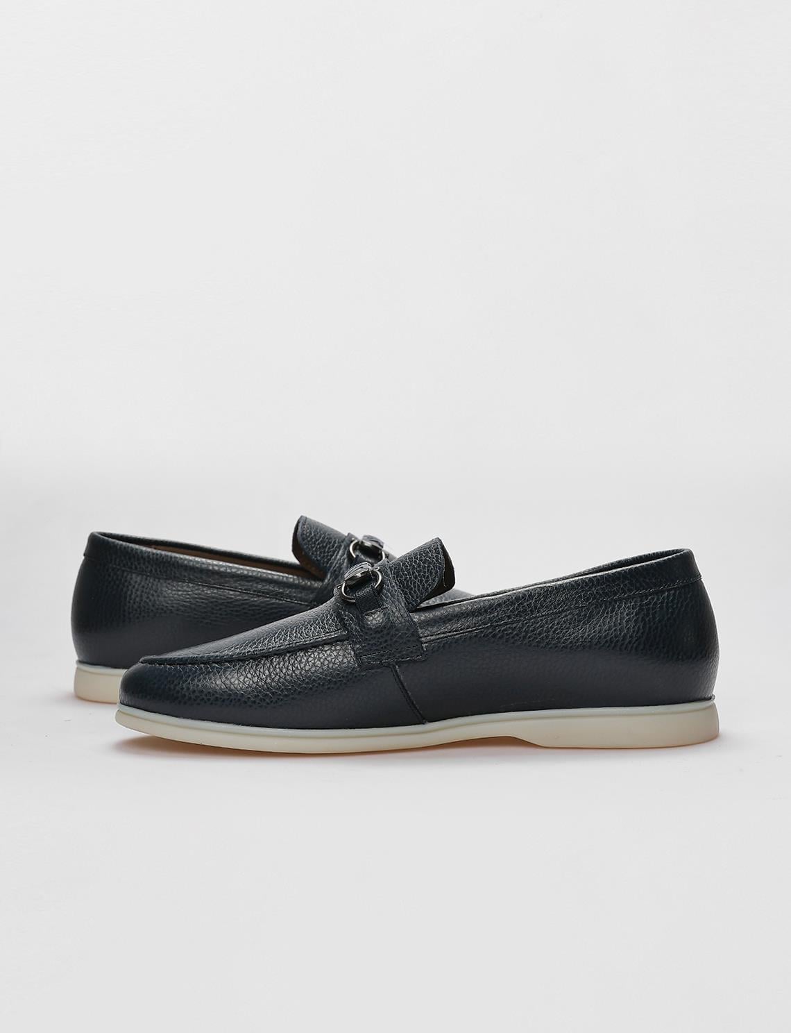 Genuine Leather Navy Blue Buckle Men's Casual Shoes