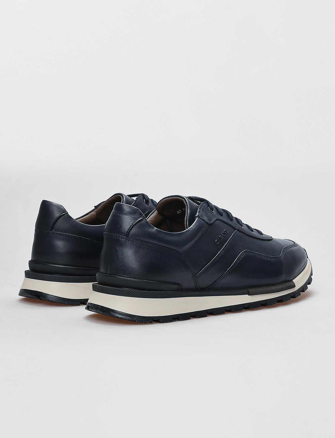 Genuine Leather Navy Blue Lace-up Men's Athletic Shoes