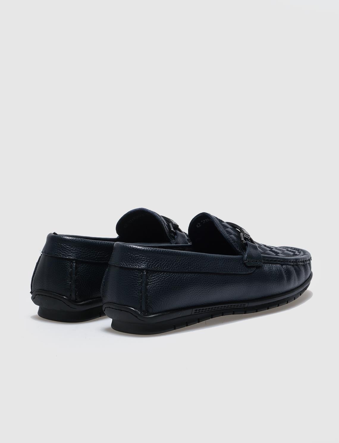 Genuine Leather Navy Blue Fur-Lined Men's Loafers