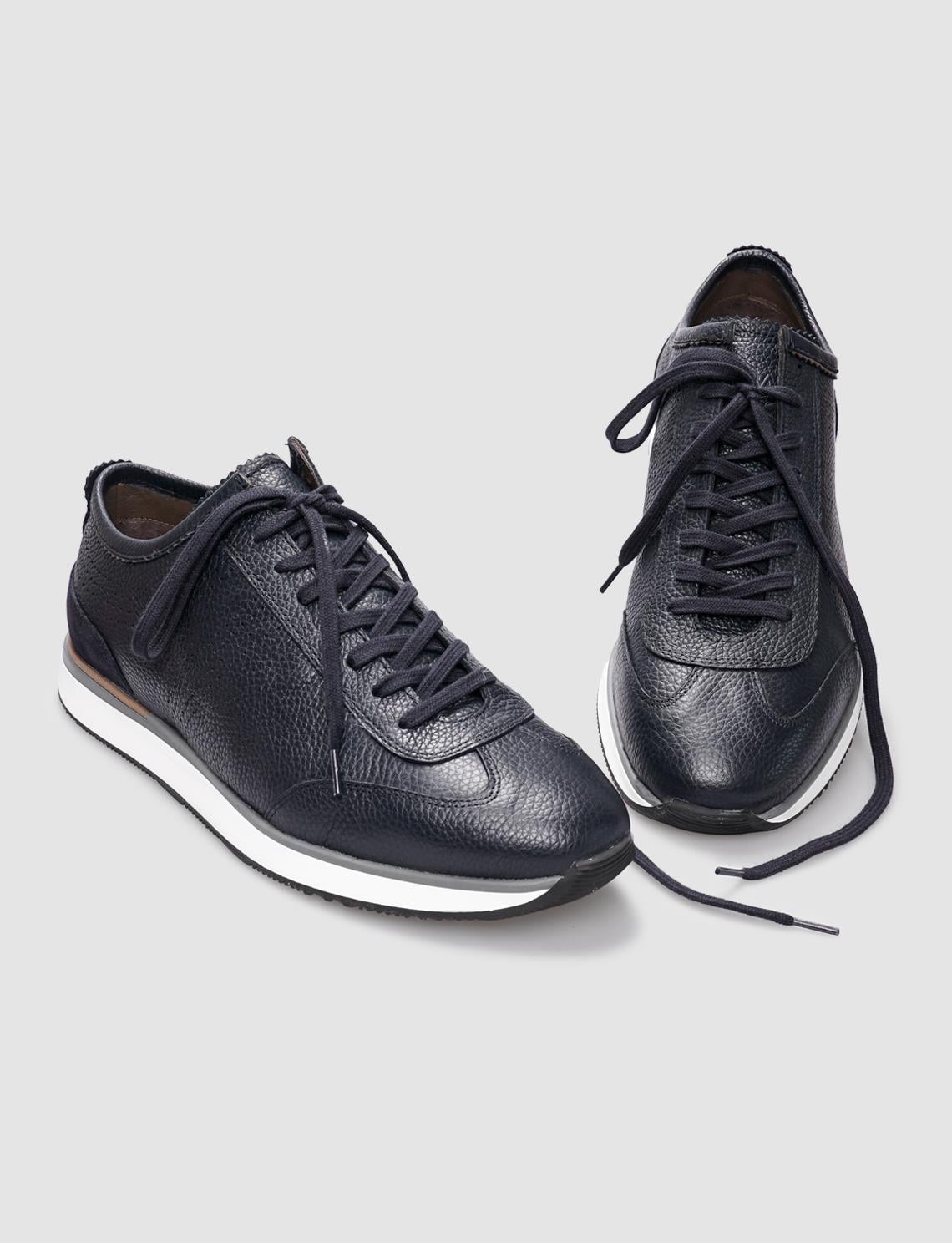 Genuine Leather Navy Blue Lace-up Men's Athletic Shoes
