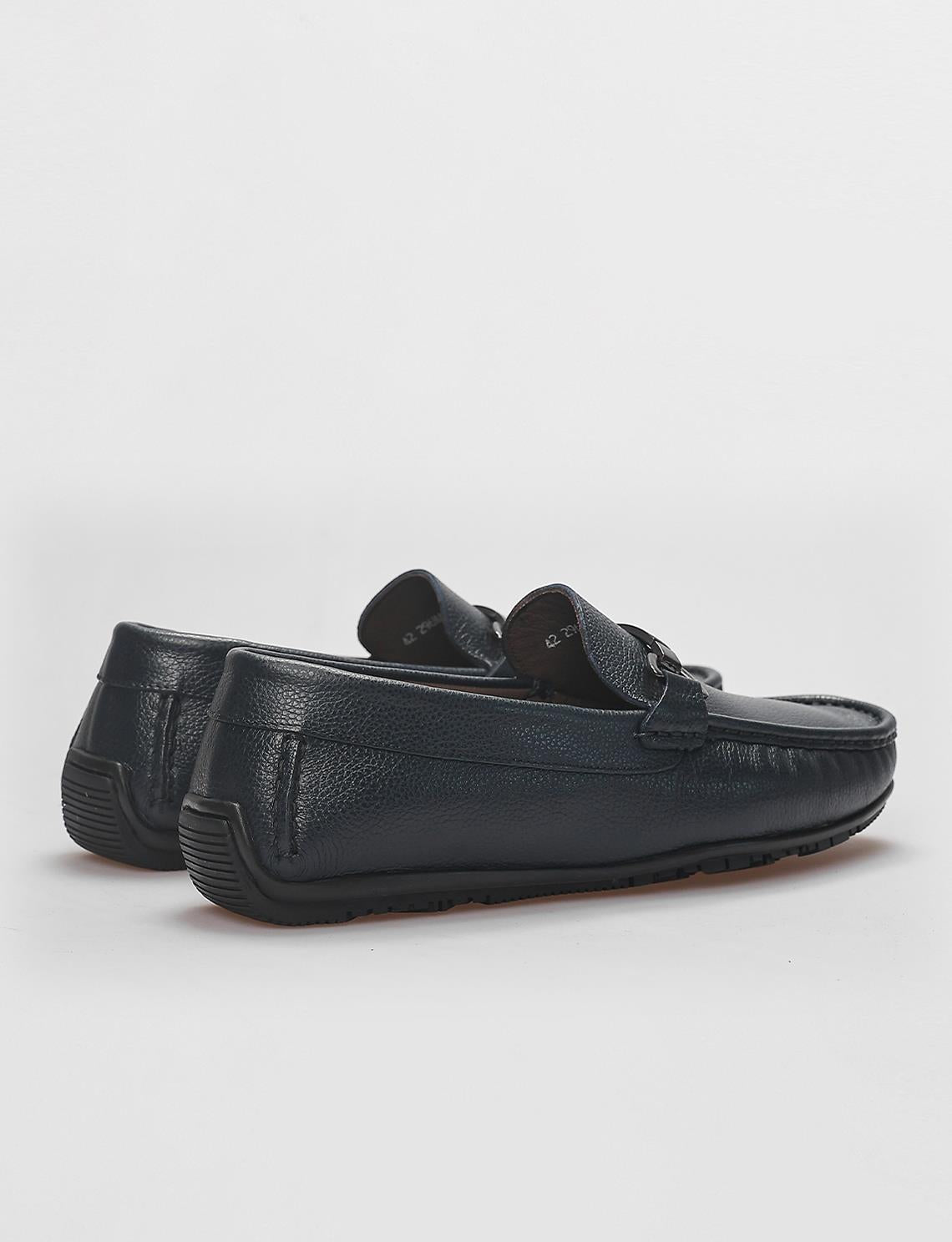 Genuine Leather Navy Blue Men's Loafer with Buckle Detail