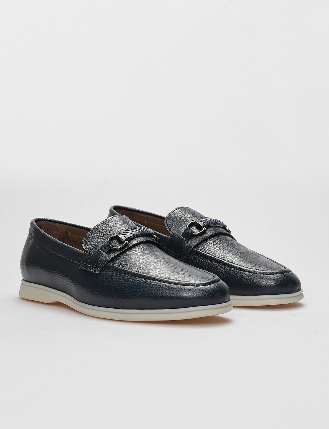 Genuine Leather Navy Blue Buckle Men's Casual Shoes
