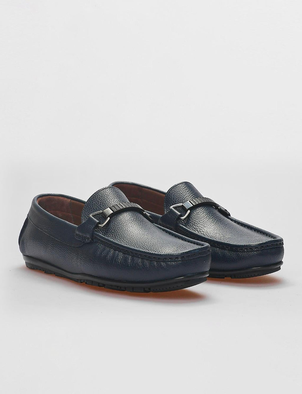 Genuine Leather Navy Blue Men's Loafer with Buckle Detail
