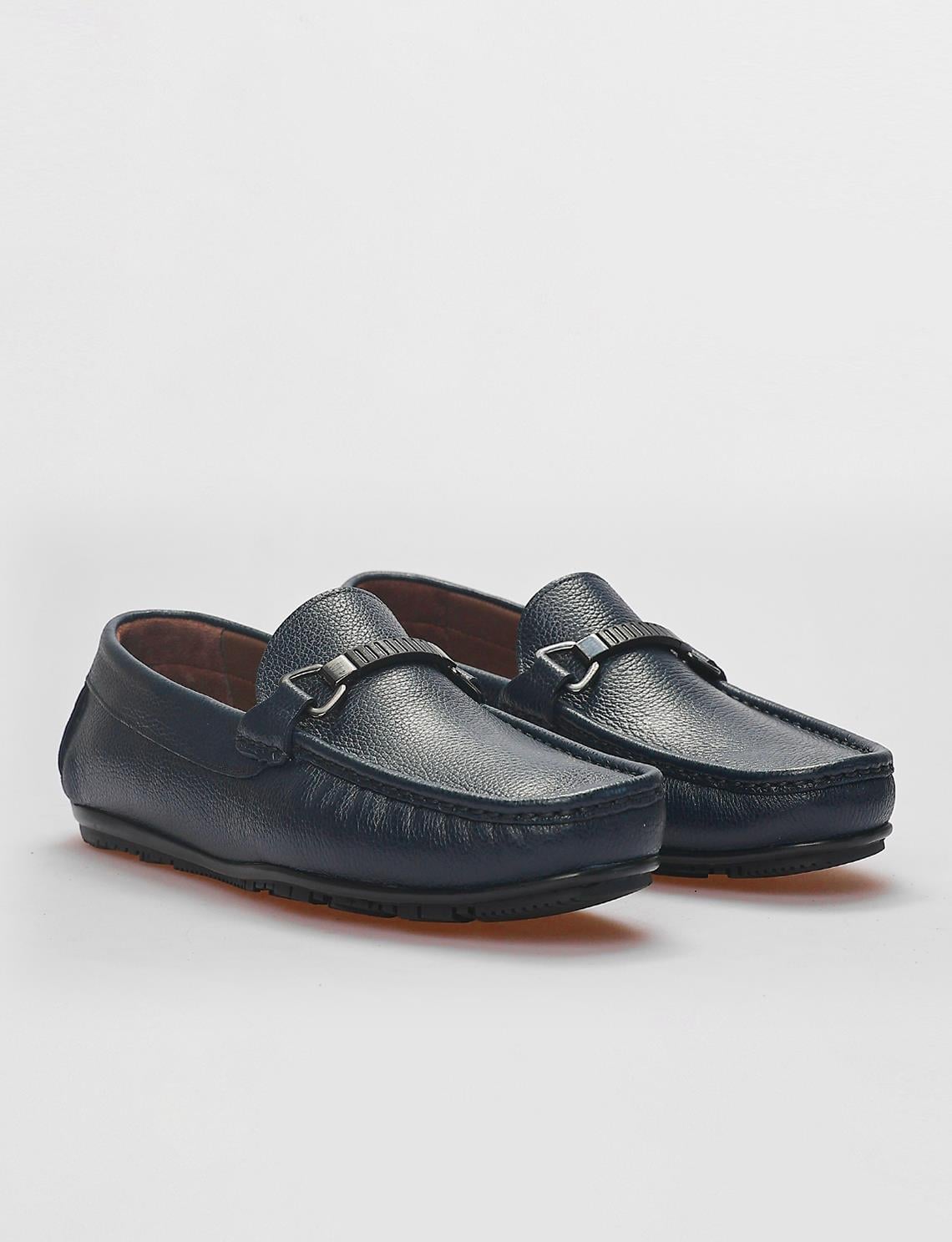 Genuine Leather Navy Blue Men's Loafer with Buckle Detail