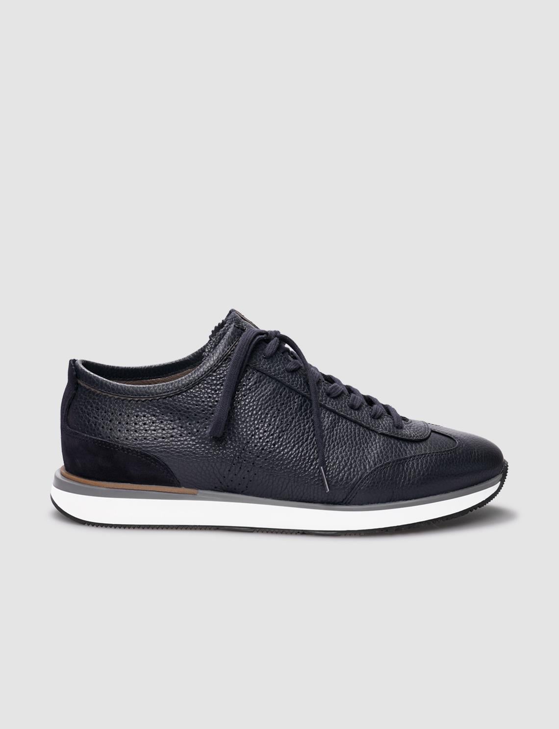 Genuine Leather Navy Blue Lace-up Men's Athletic Shoes