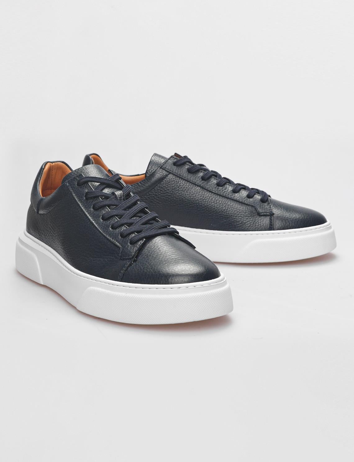 Genuine Leather Navy Blue Lace-up Men's Athletic Shoes