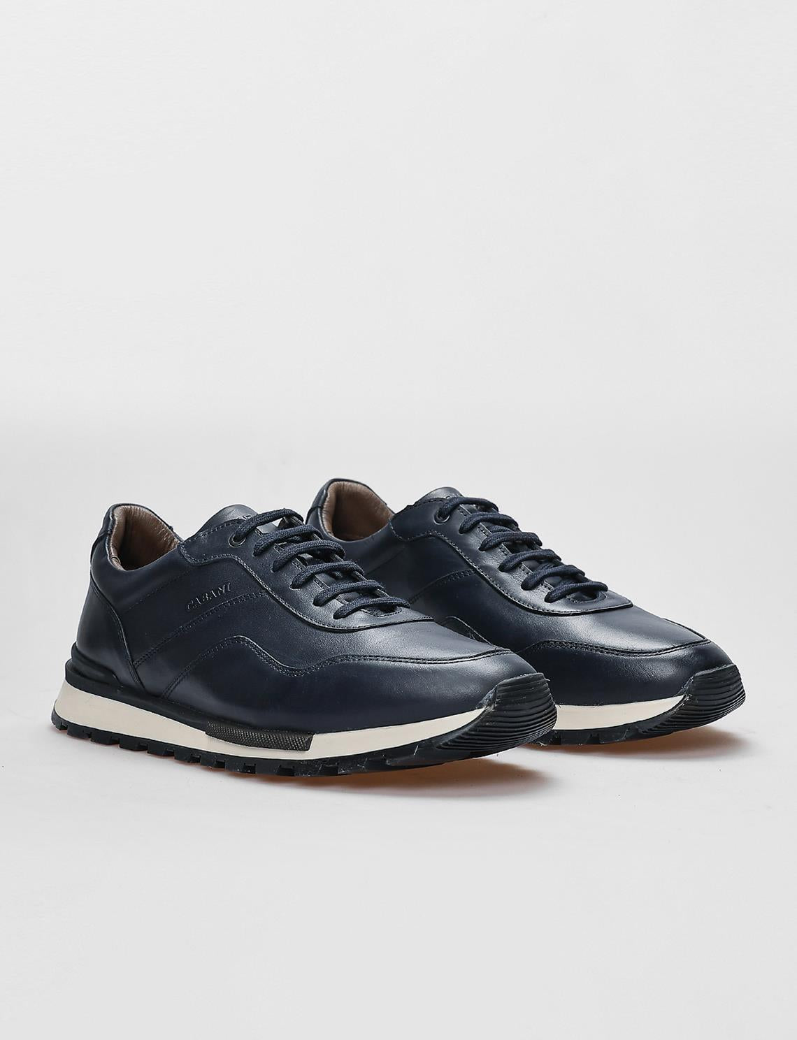 Genuine Leather Navy Blue Lace-up Men's Athletic Shoes
