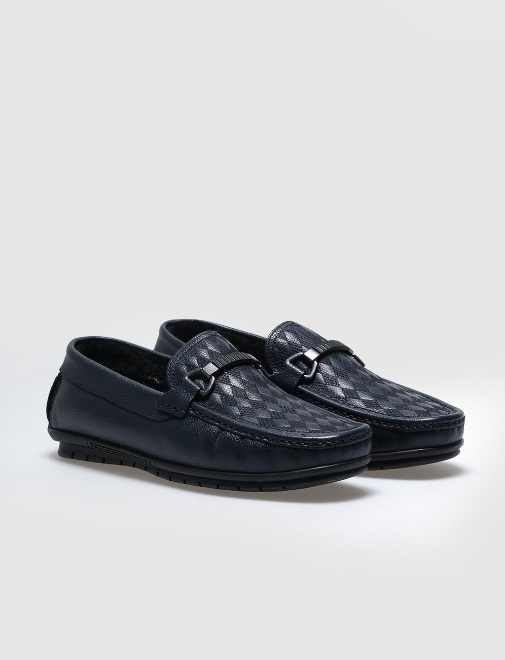 Genuine Leather Navy Blue Fur-Lined Men's Loafers