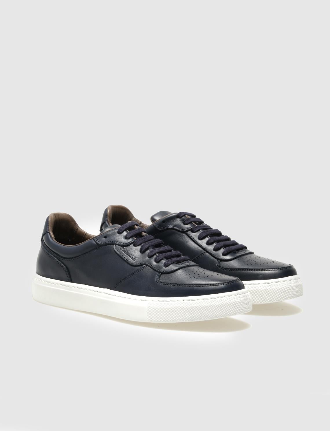 Genuine Leather Navy Blue Lace-up Men's Athletic Shoes