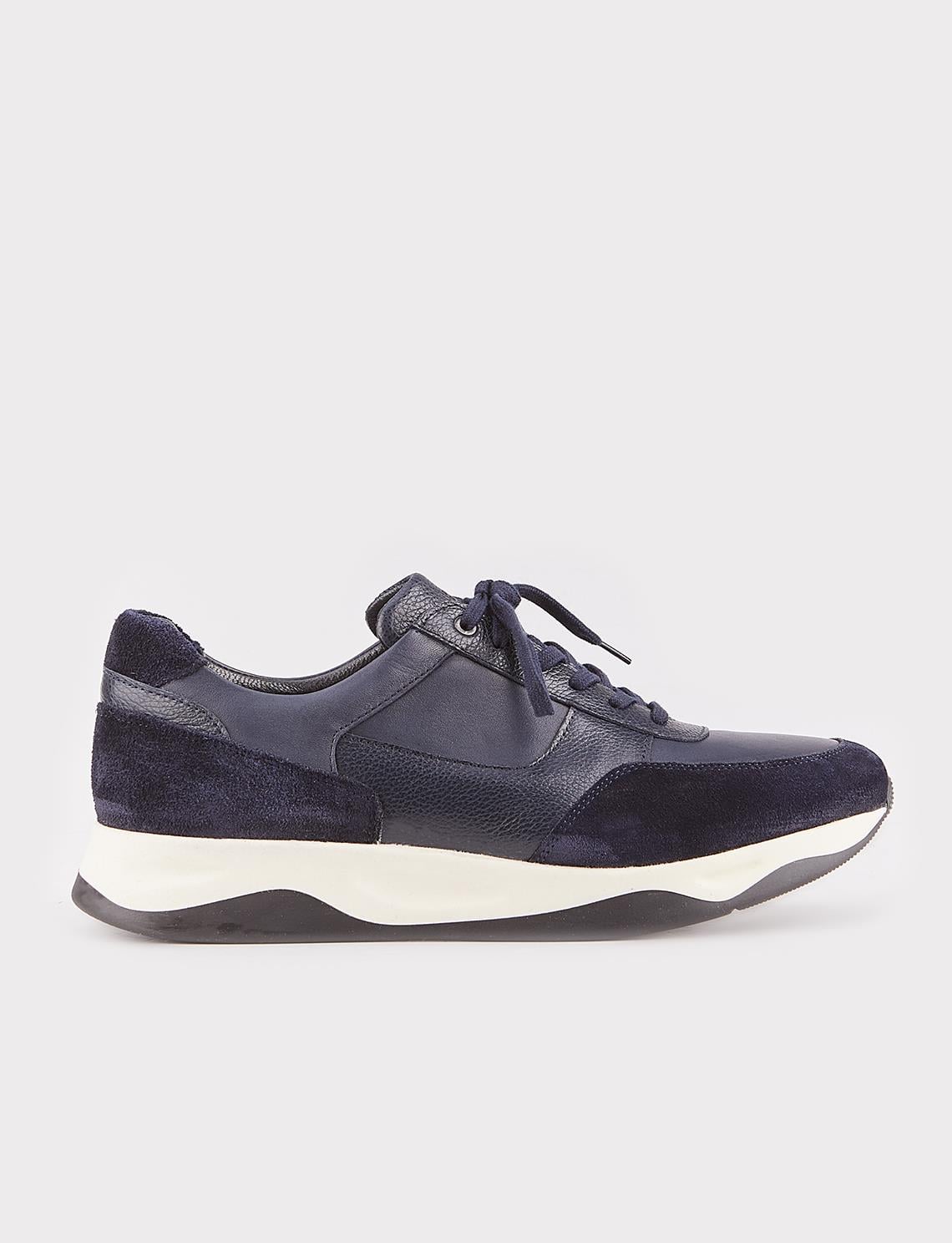 Genuine Leather Navy Blue Fur-Lined Lace-Up Men's Athletic Shoes
