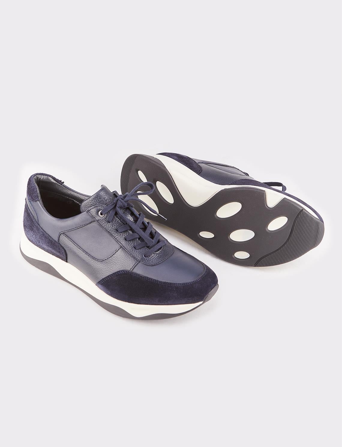 Genuine Leather Navy Blue Fur-Lined Lace-Up Men's Athletic Shoes
