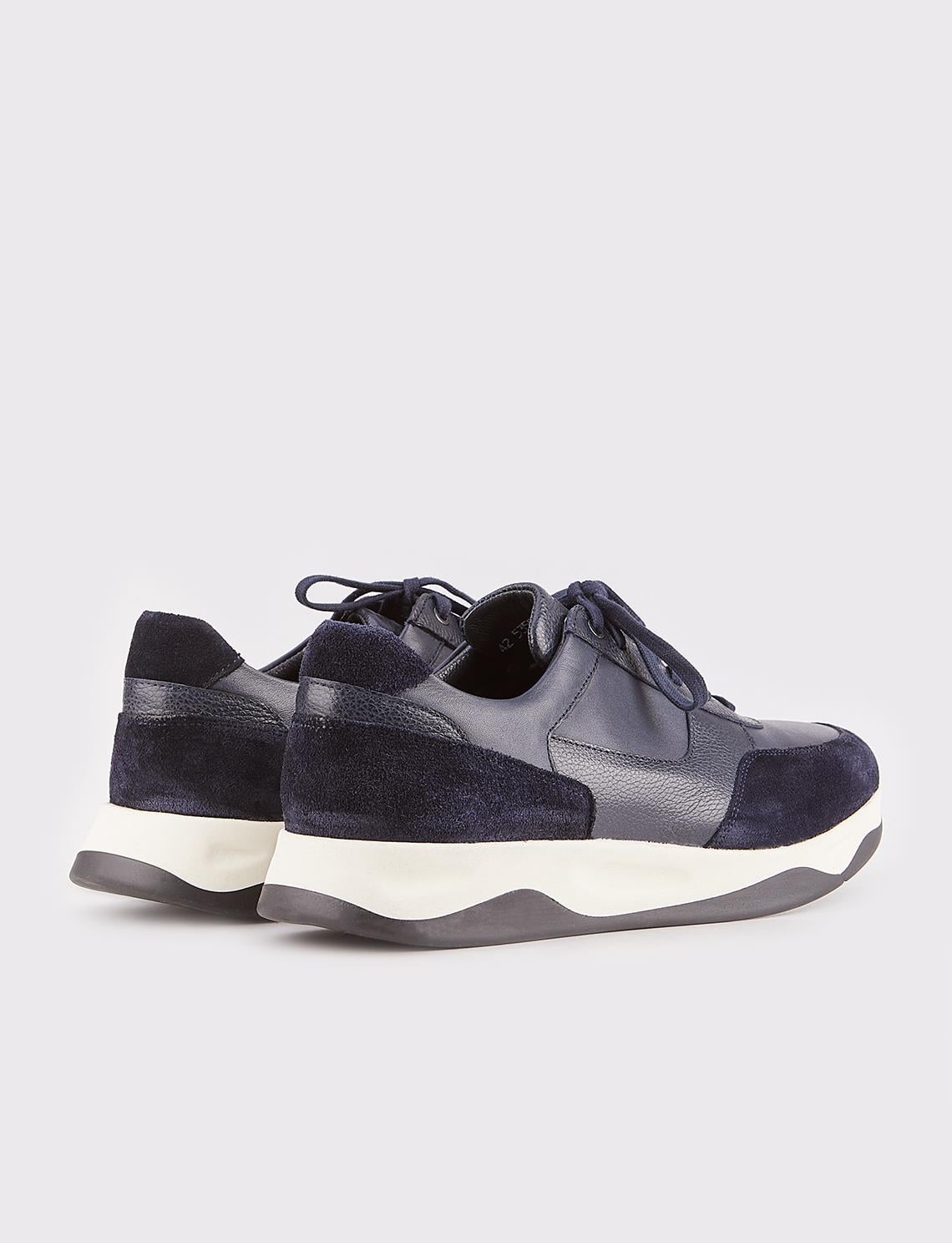 Genuine Leather Navy Blue Fur-Lined Lace-Up Men's Athletic Shoes