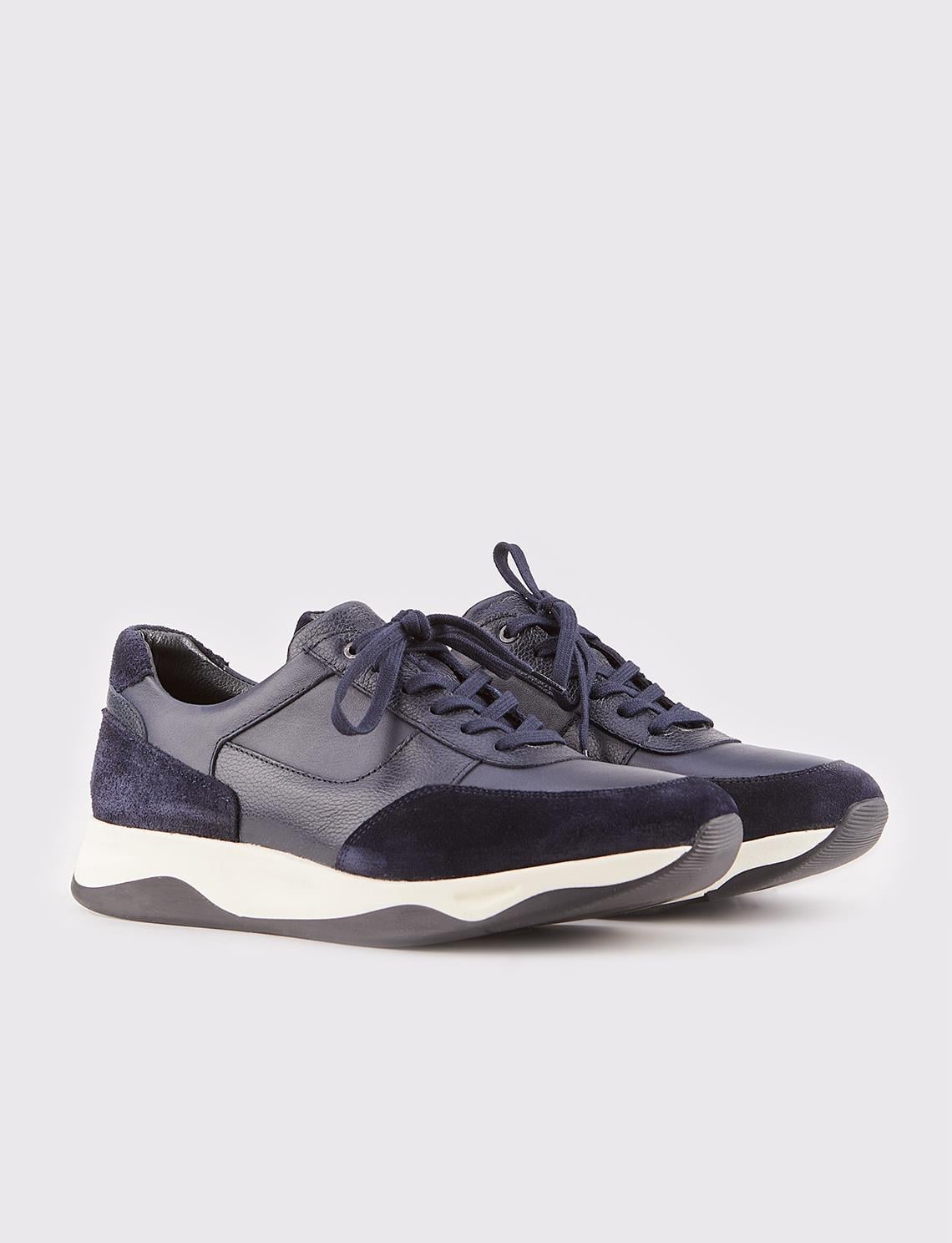 Genuine Leather Navy Blue Fur-Lined Lace-Up Men's Athletic Shoes