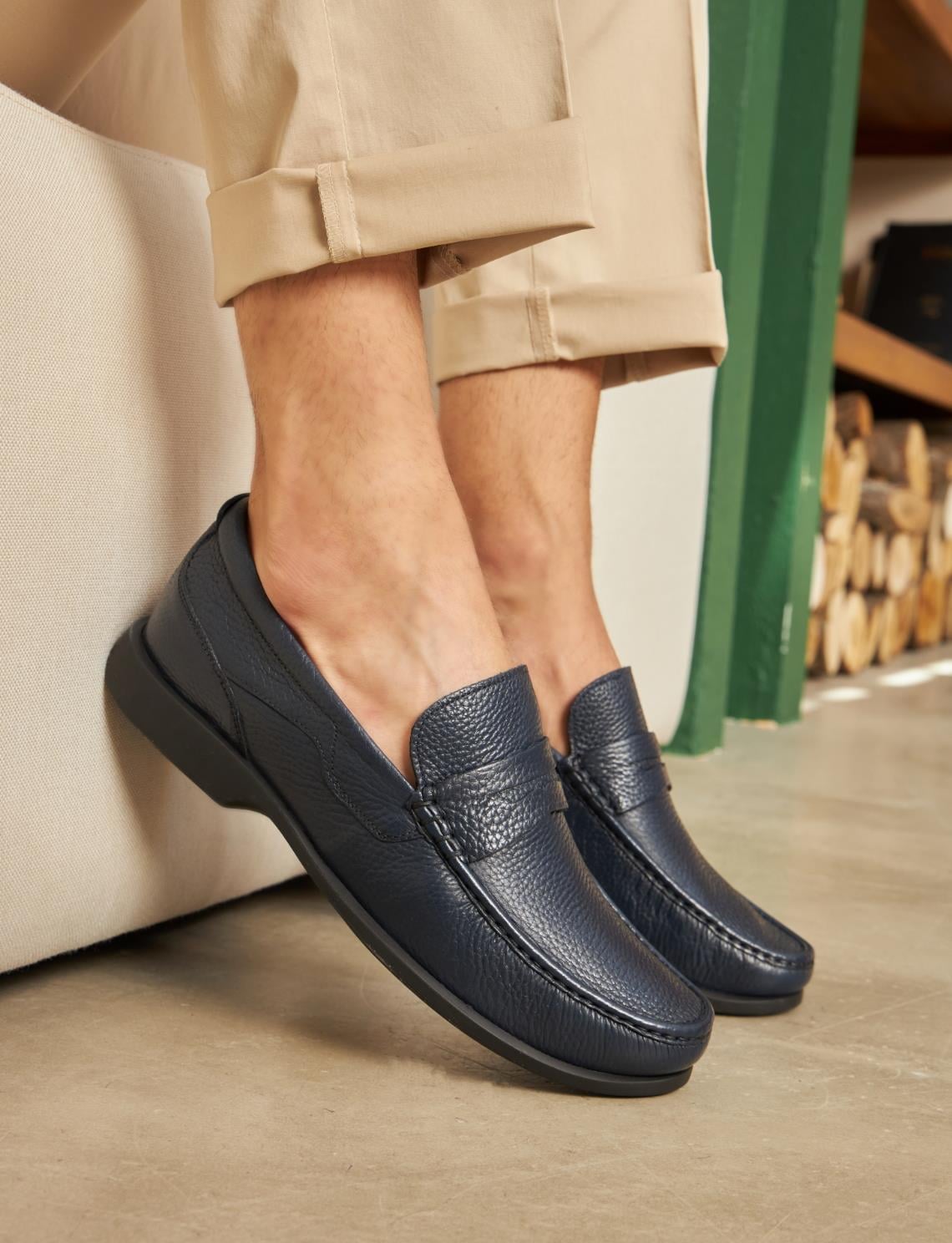 Genuine Leather Navy Blue Loafers Men's Casual Shoes