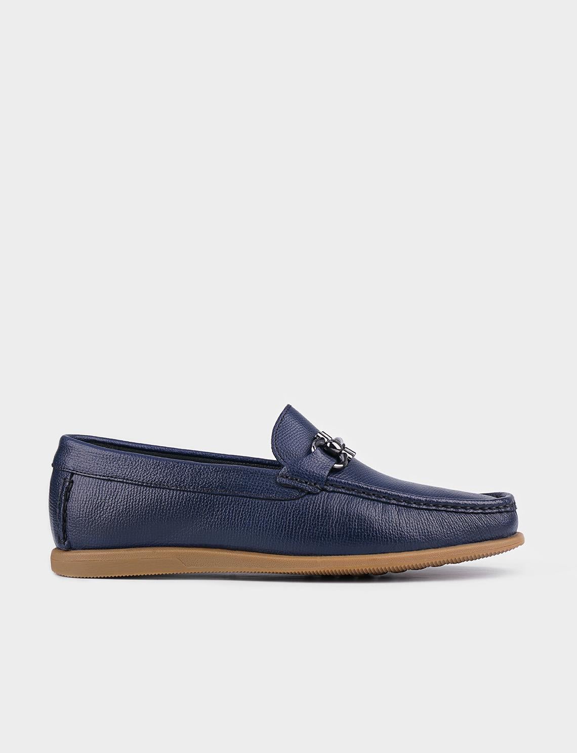Genuine Leather Navy Blue Men's Casual Shoes with Metal Accessories