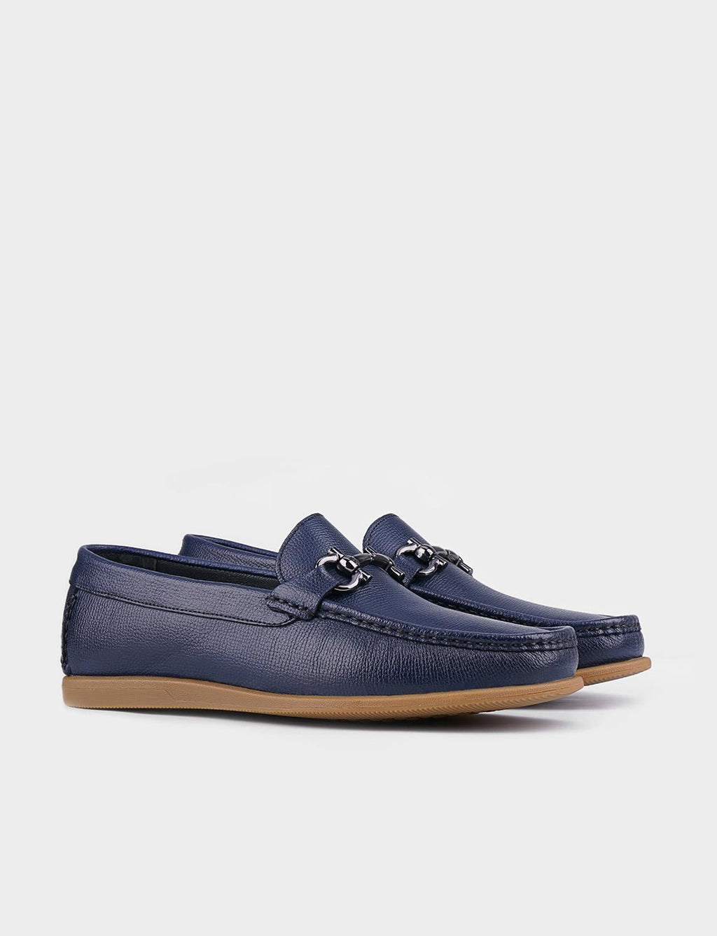 Genuine Leather Navy Blue Men's Casual Shoes with Metal Accessories