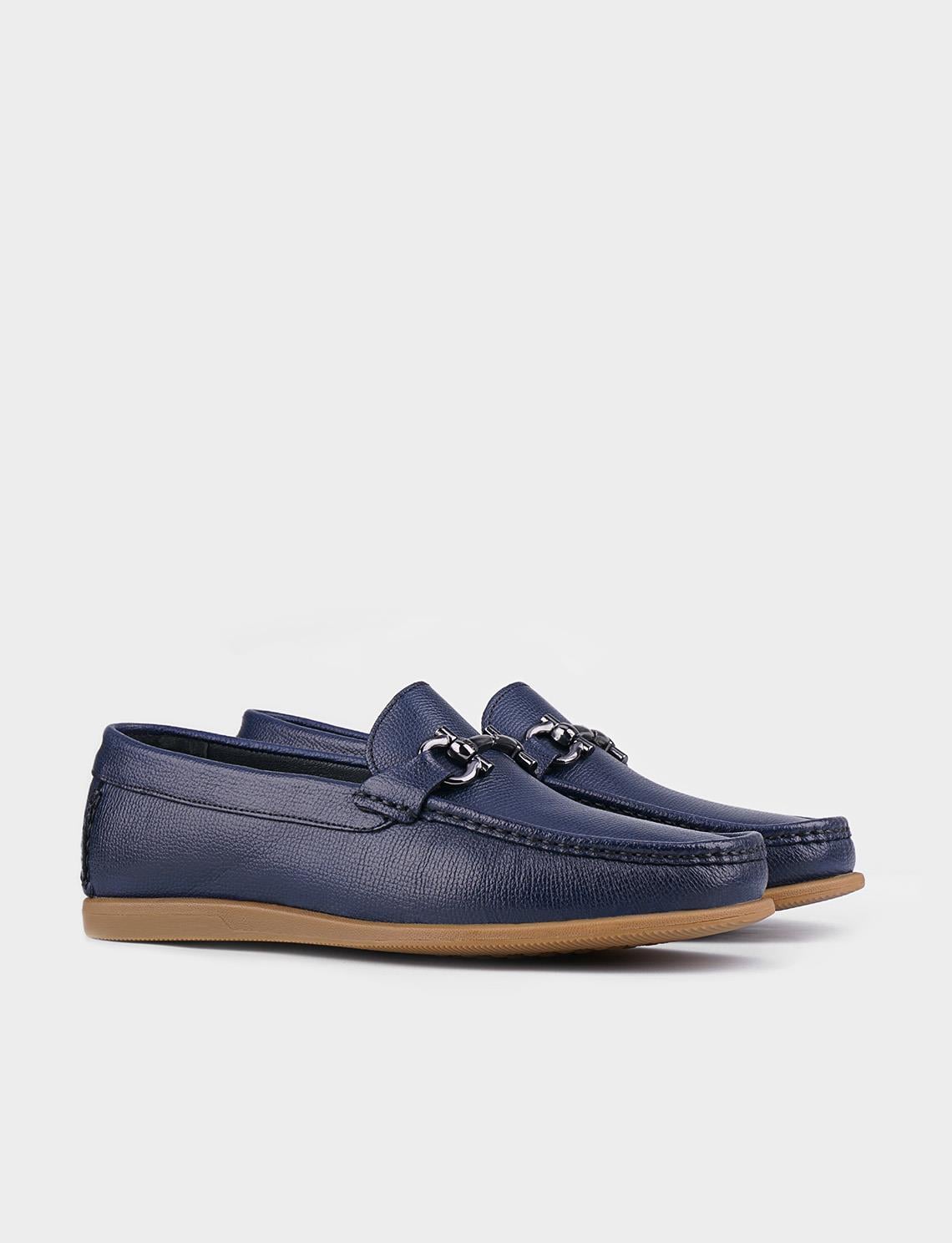 Genuine Leather Navy Blue Men's Casual Shoes with Metal Accessories