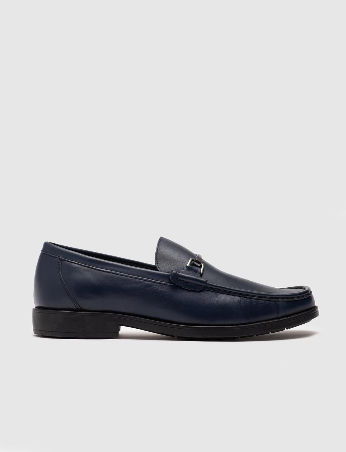 Genuine Leather Navy Blue Men's Casual Shoes with Buckle Detail
