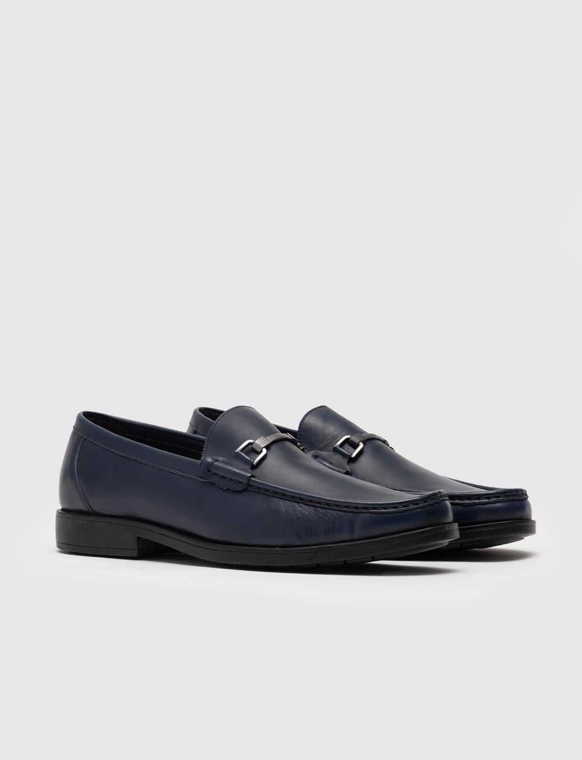 Genuine Leather Navy Blue Men's Casual Shoes with Buckle Detail