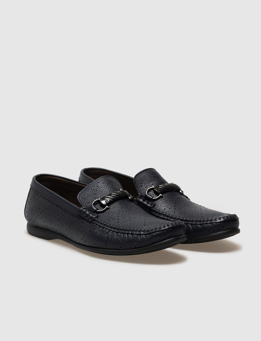 Genuine Leather Navy Blue Buckle Men's Loafer