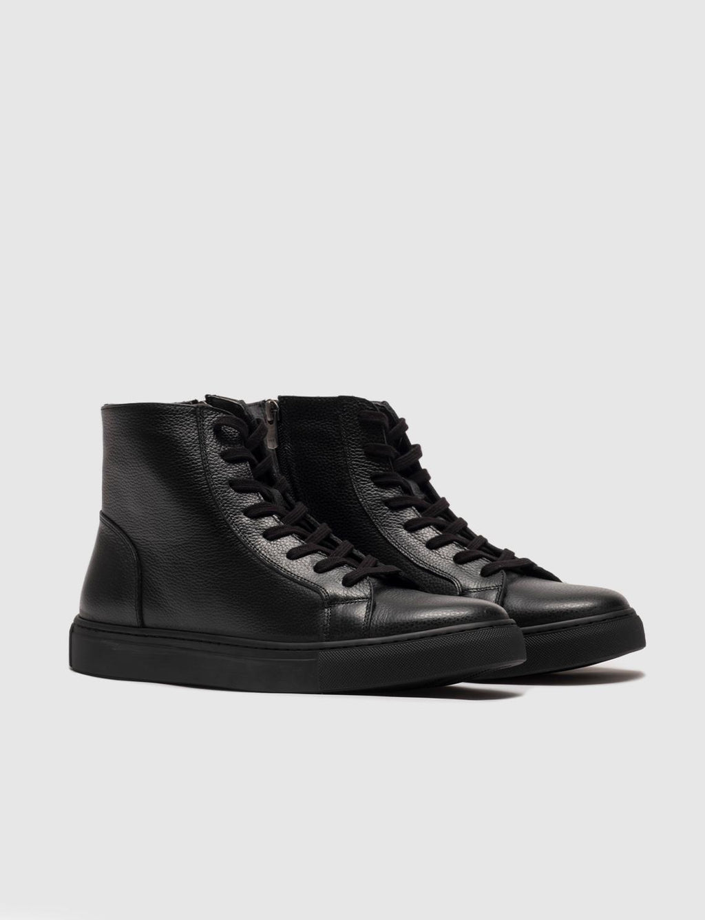 Genuine Leather Men's Casual Boots with Light Rubber Sole, Black Lace-up and Zipper