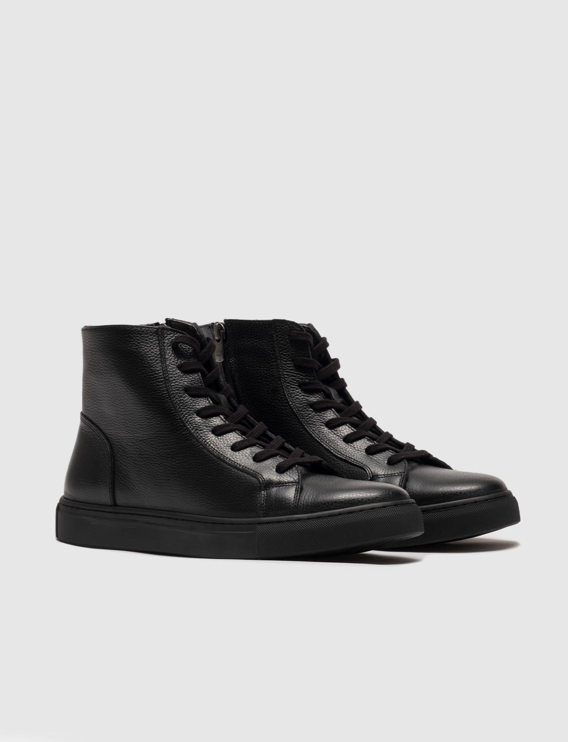 Genuine Leather Men's Casual Boots with Light Rubber Sole, Black Lace-up and Zipper