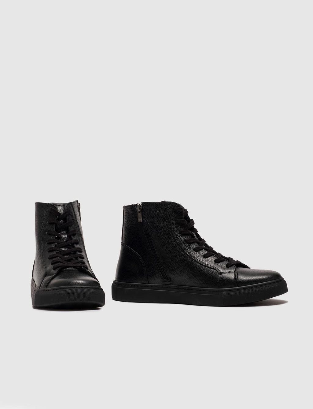 Genuine Leather Men's Casual Boots with Light Rubber Sole, Black Lace-up and Zipper