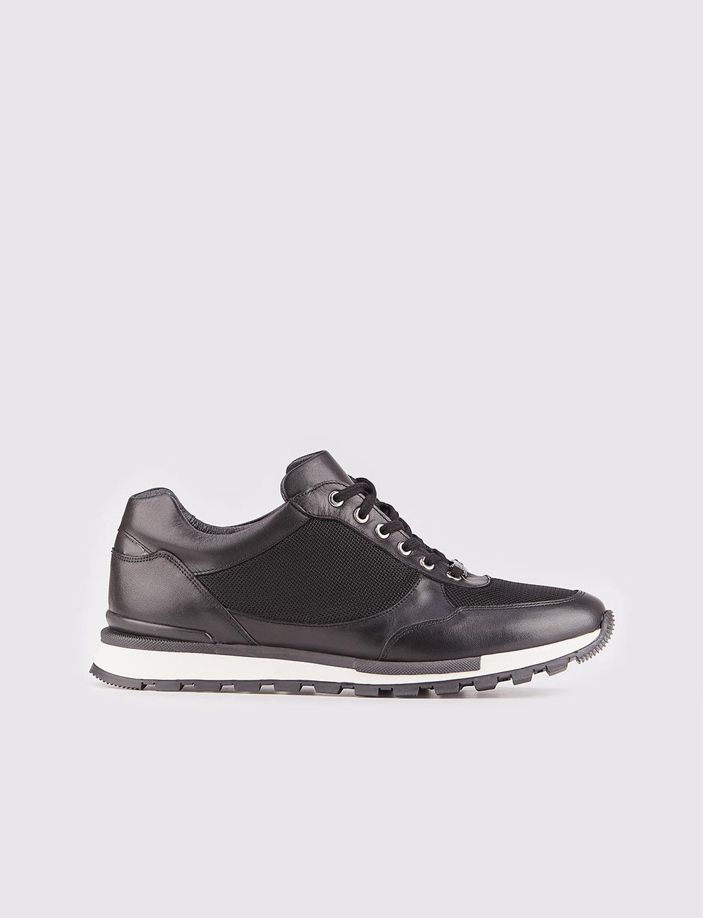 Genuine Leather Black Lace-up Men's Athletic Shoes with Leather Covering and Non-Slip Rubber Sole