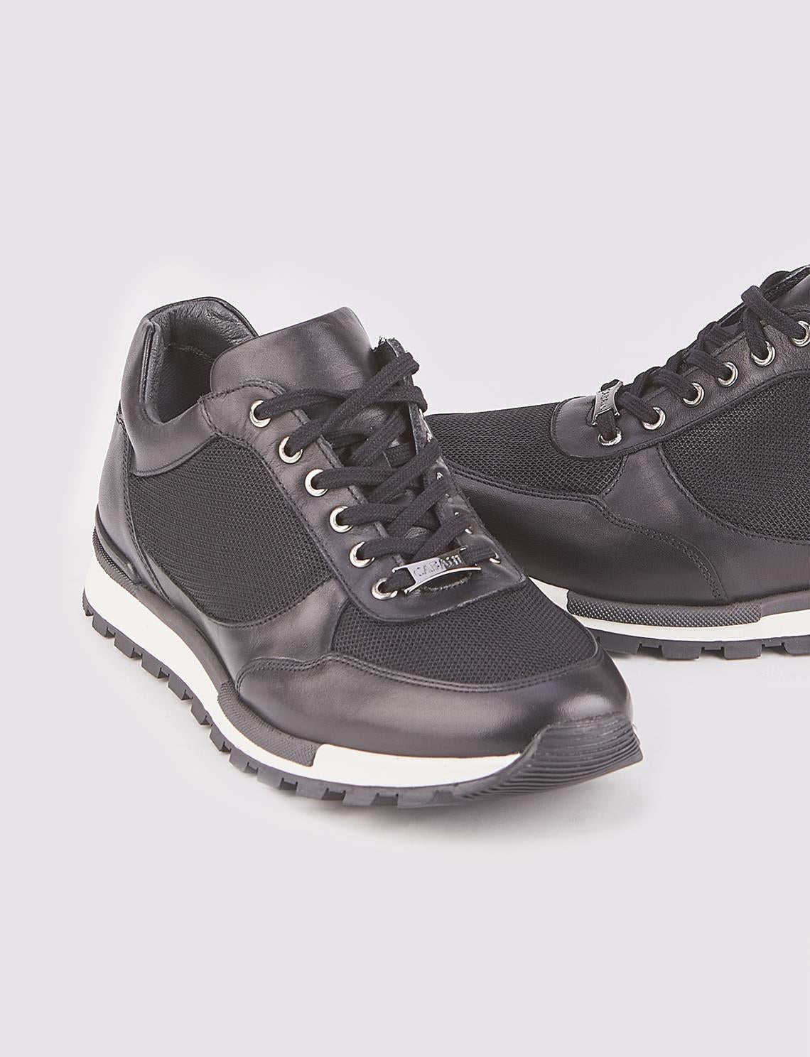 Genuine Leather Black Lace-up Men's Athletic Shoes with Leather Covering and Non-Slip Rubber Sole