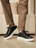 Genuine Leather Black Lace-up Men's Athletic Shoes with EVA Sole