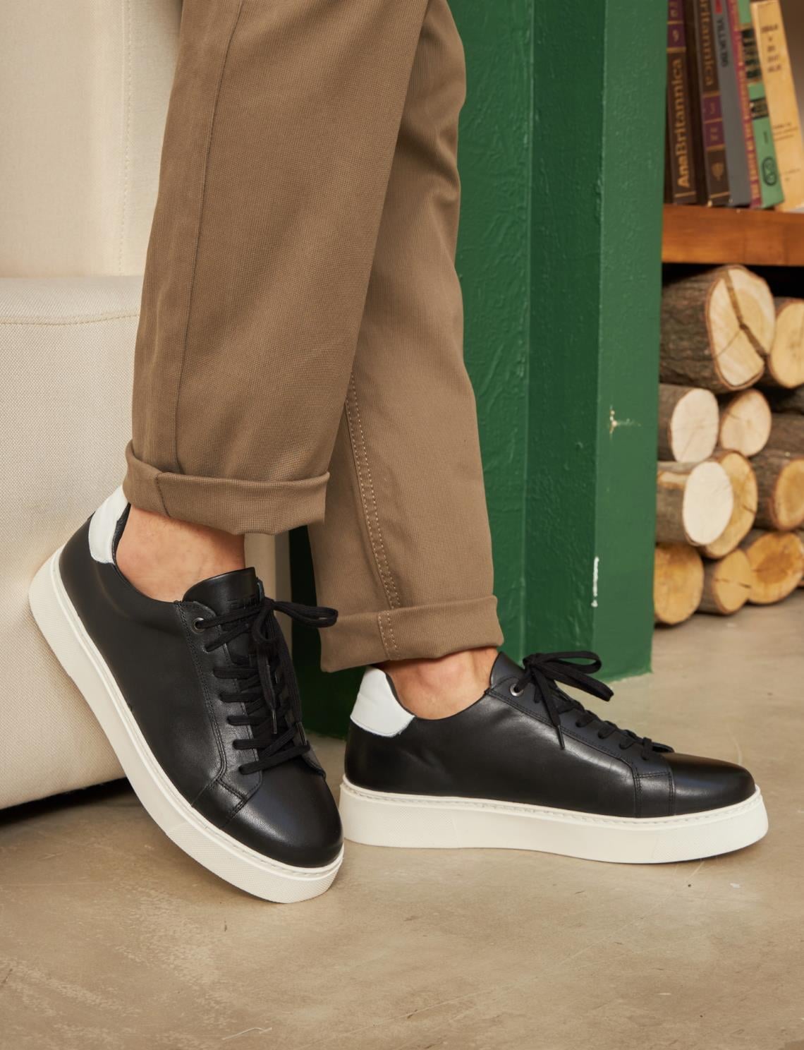 Genuine Leather Black Lace-up Men's Athletic Shoes with EVA Sole