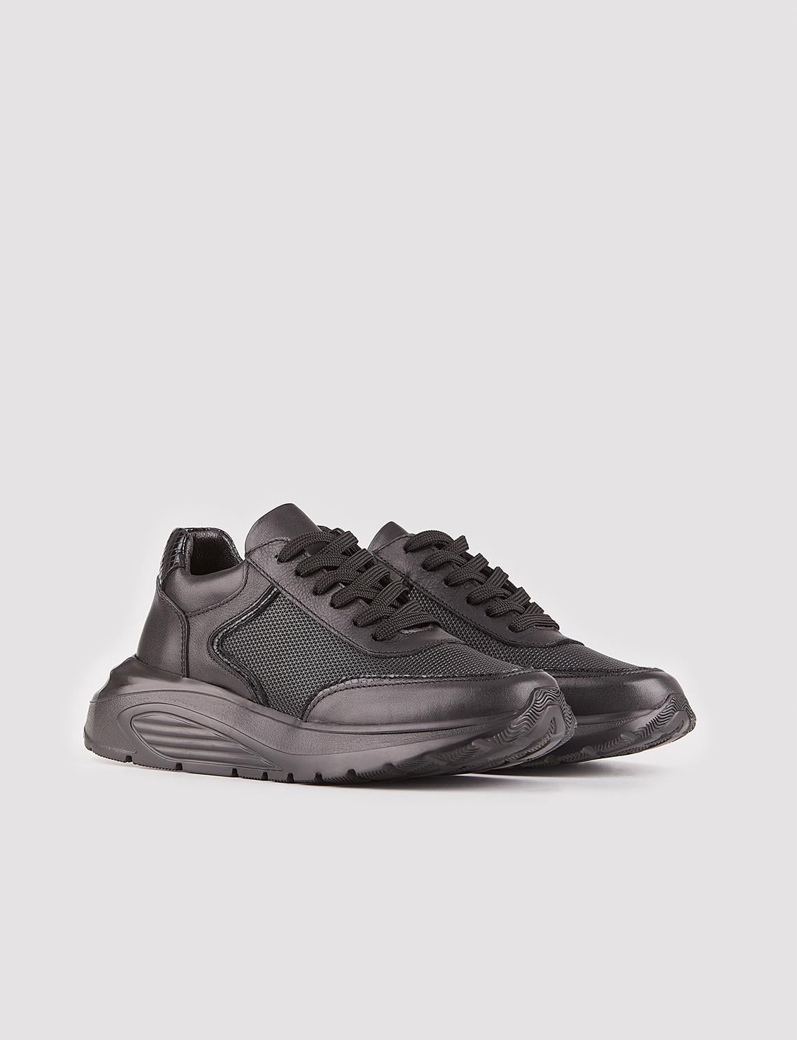 Genuine Leather Black Lace-up Women's Sneaker Sports Shoes